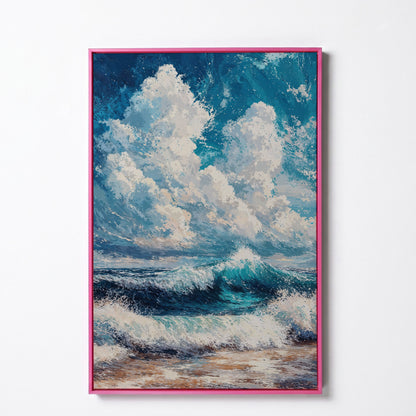 Wave and Cloudbank Seascape Canvas in pink floating frame