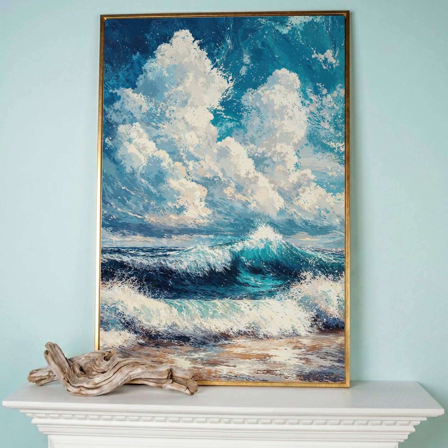 Wave and Cloudbank Seascape Canvas in rose gold floating frame