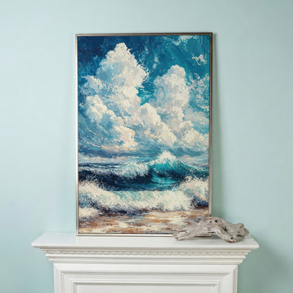 Wave and Cloudbank Seascape Canvas in silver floating frame