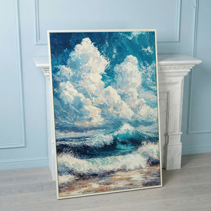 Wave and Cloudbank Seascape Canvas in white floating frame