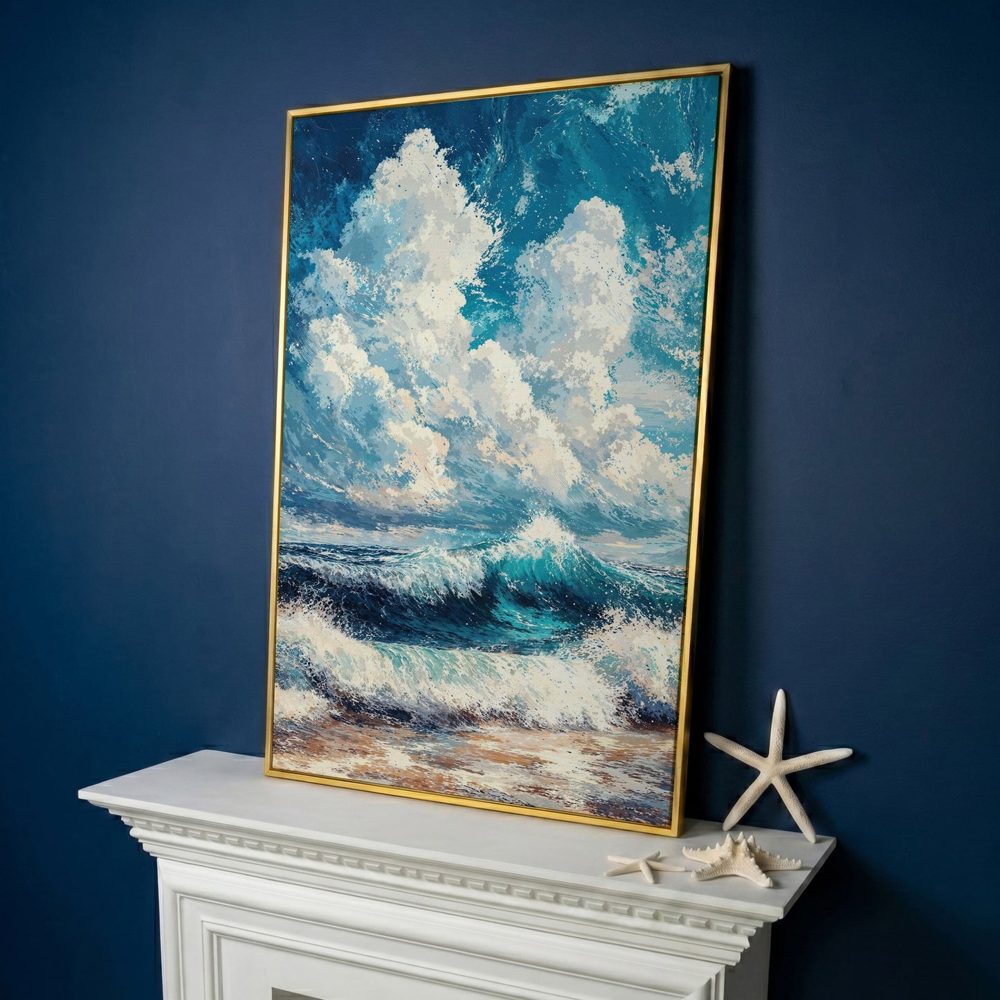 Wave and Cloudbank Seascape Canvas in yellow gold floating frame