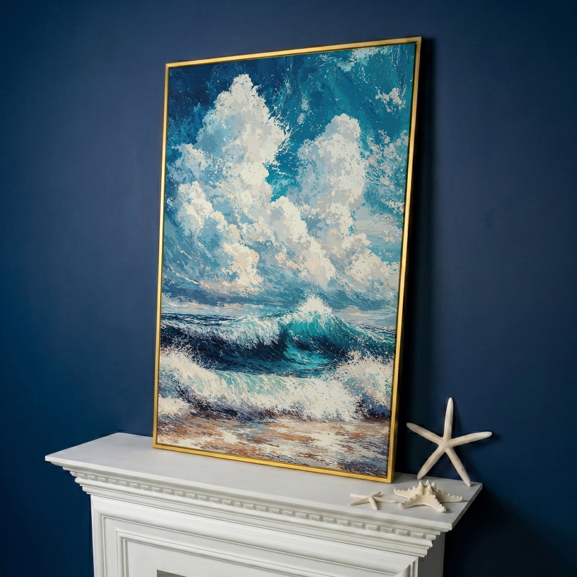 Wave and Cloudbank Seascape Canvas in yellow gold floating frame