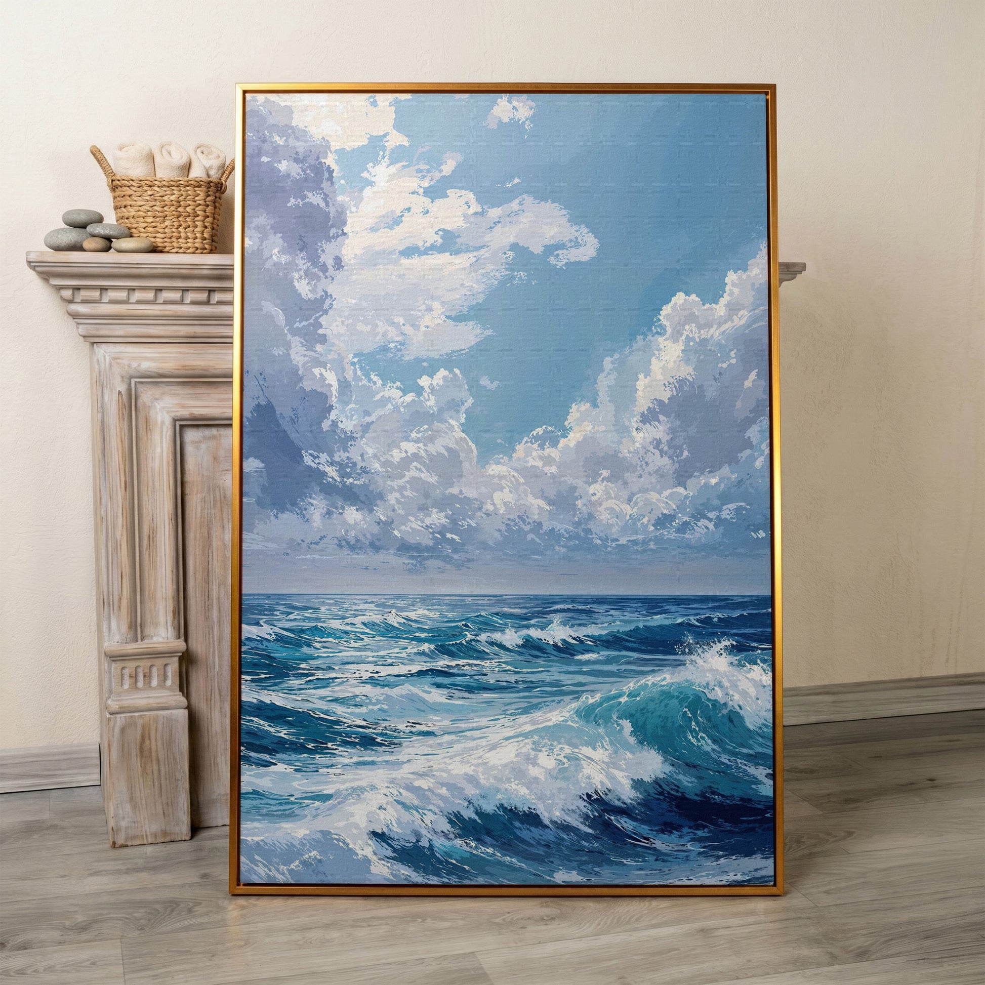 Ocean Waves Seascape Canvas. Nautical Wall Art in antique gold floating frame