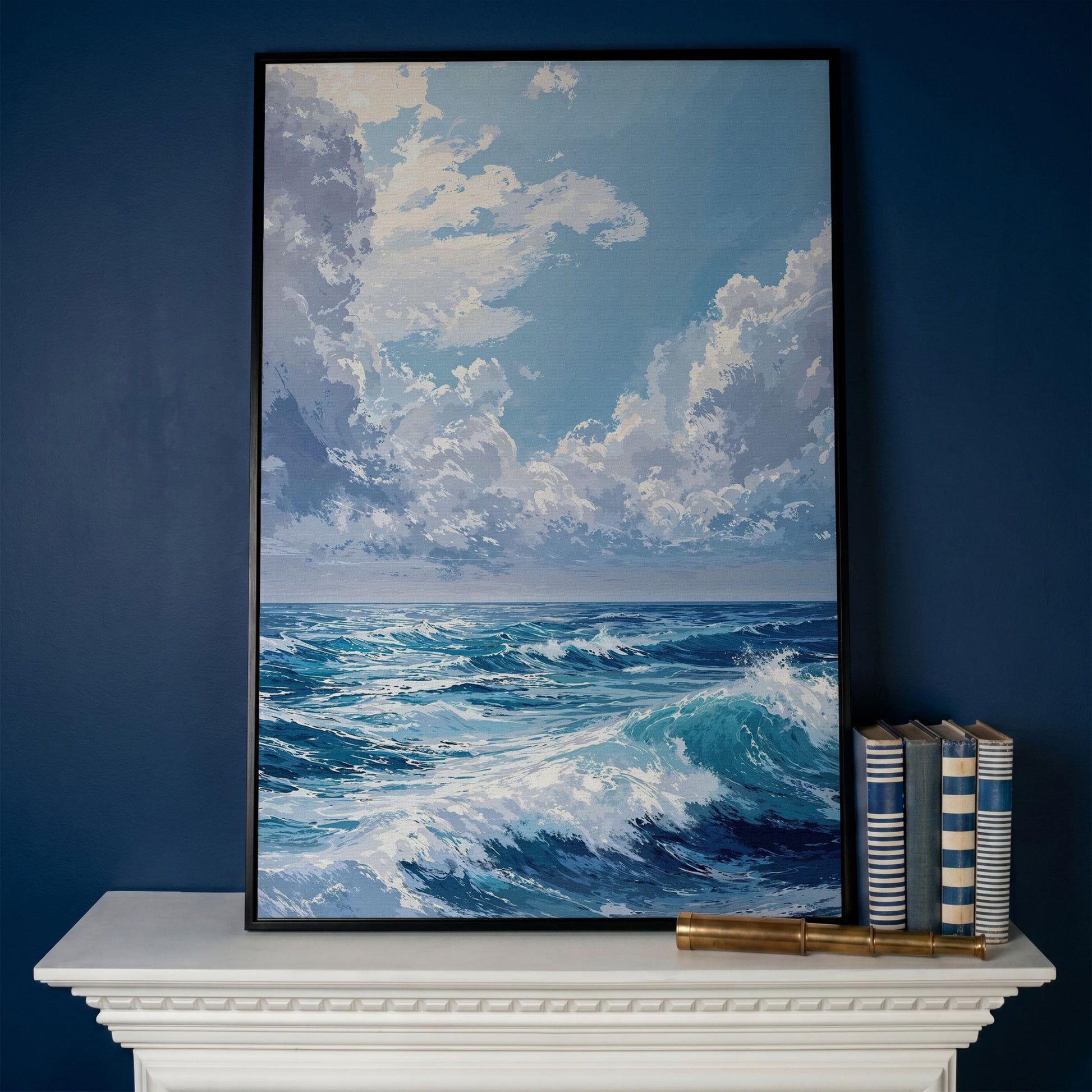 Ocean Waves Seascape Canvas. Nautical Wall Art in black floating frame
