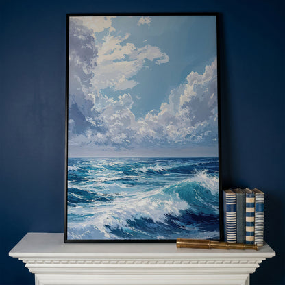 Ocean Waves Seascape Canvas. Nautical Wall Art in black floating frame