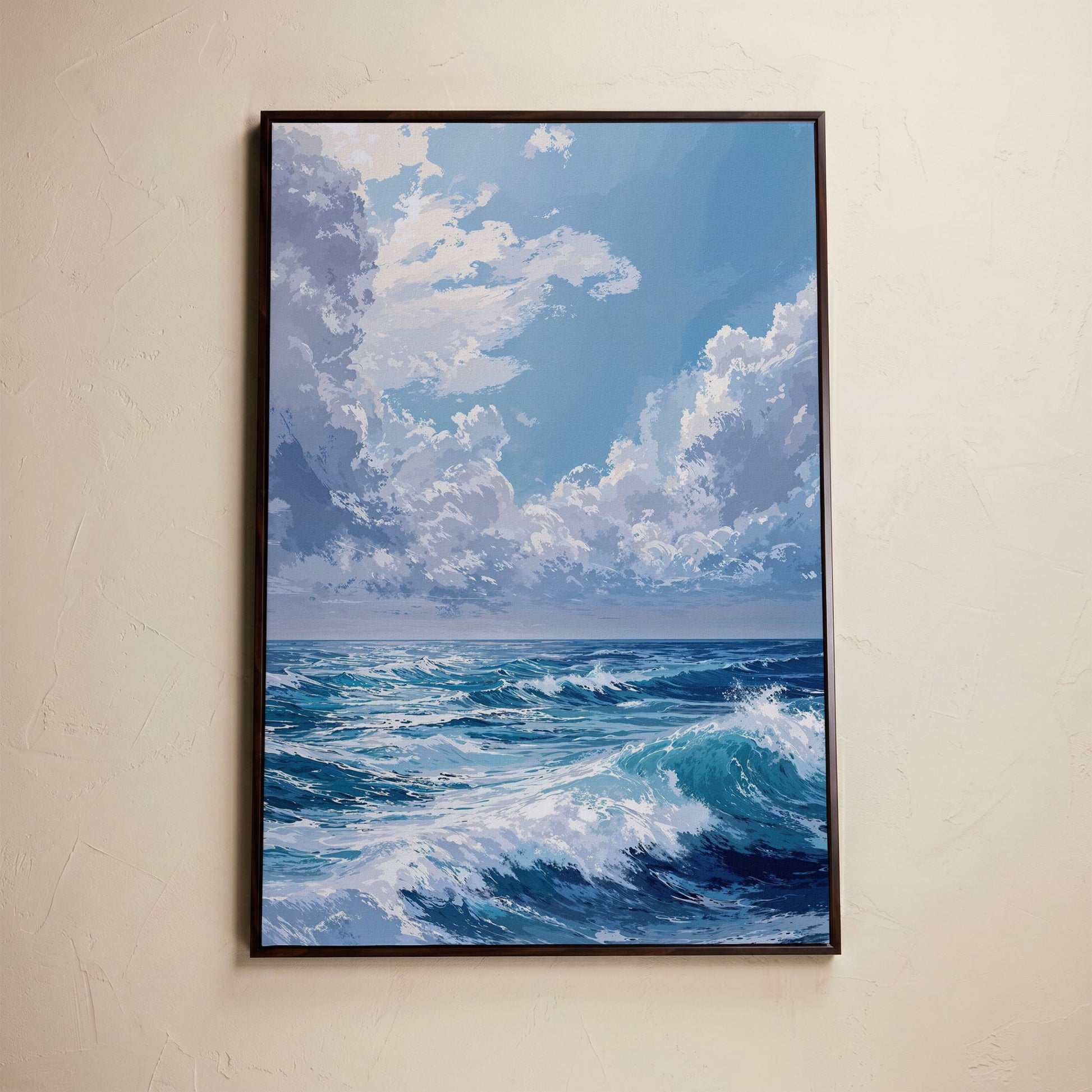 Ocean Waves Seascape Canvas. Nautical Wall Art in dark walnut floating frame