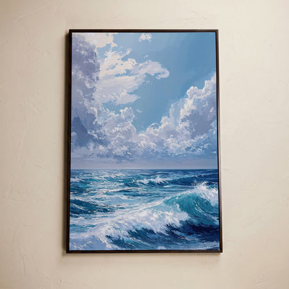 Ocean Waves Seascape Canvas. Nautical Wall Art in dark walnut floating frame