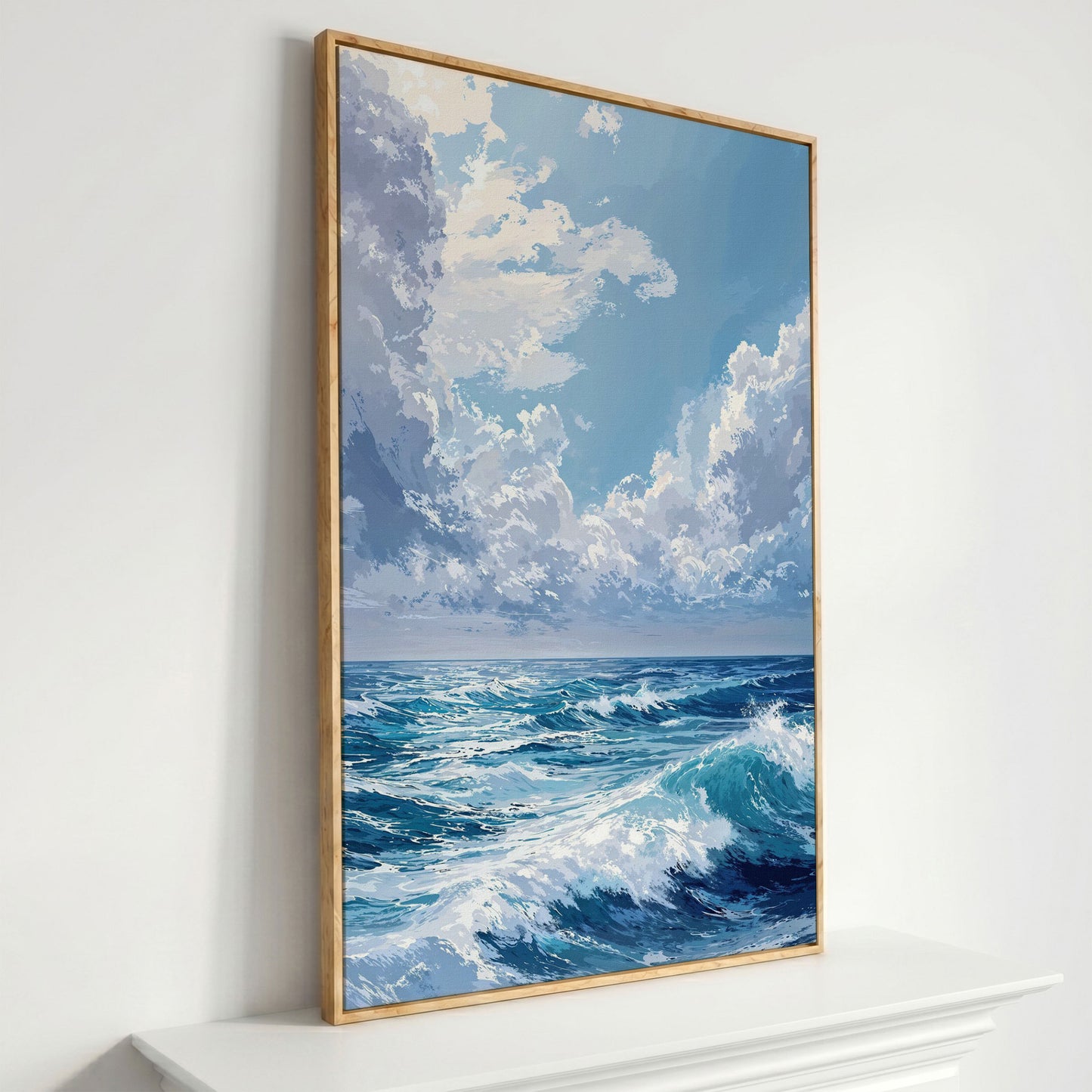 Ocean Waves Seascape Canvas. Nautical Wall Art in white oak floating frame