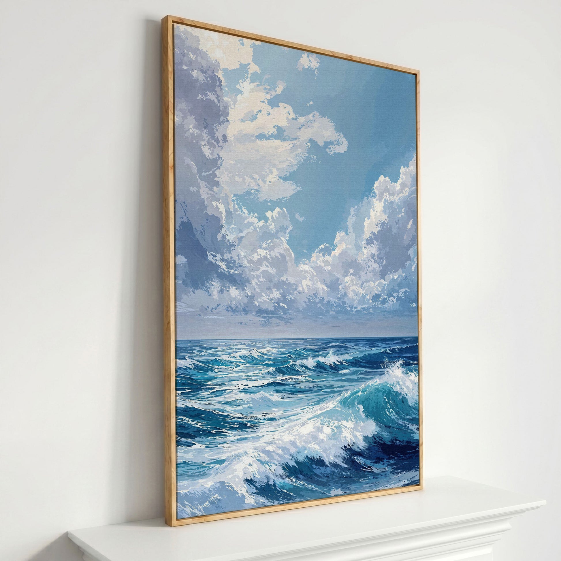 Ocean Waves Seascape Canvas. Nautical Wall Art in white oak floating frame