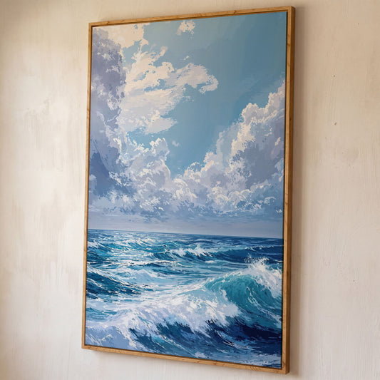 Ocean Waves Seascape Canvas. Nautical Wall Art shown in white oak floating frame
