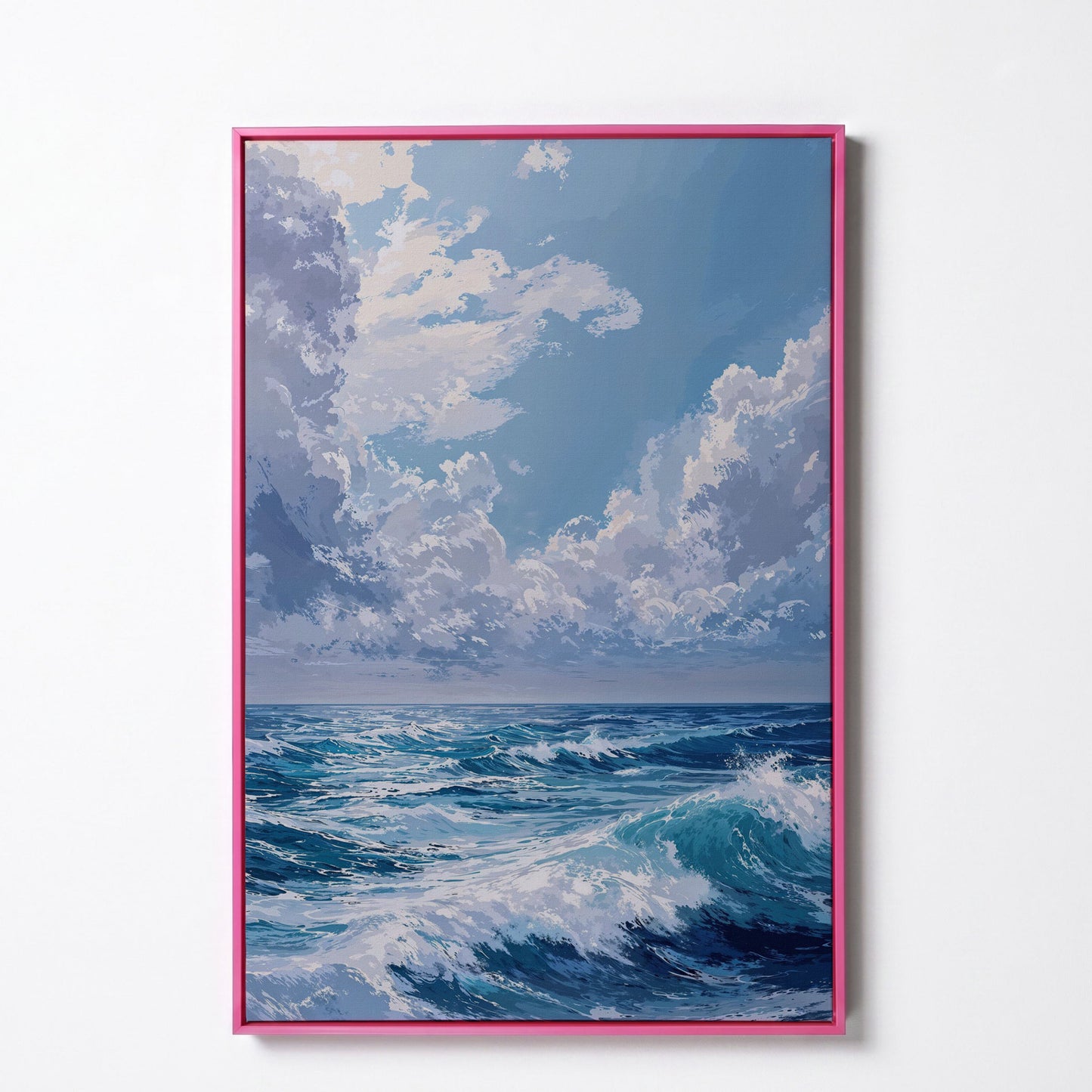 Ocean Waves Seascape Canvas. Nautical Wall Art in pink floating frame