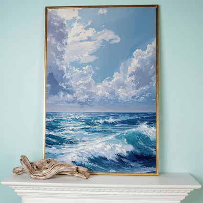 Ocean Waves Seascape Canvas. Nautical Wall Art in rose gold floating frame
