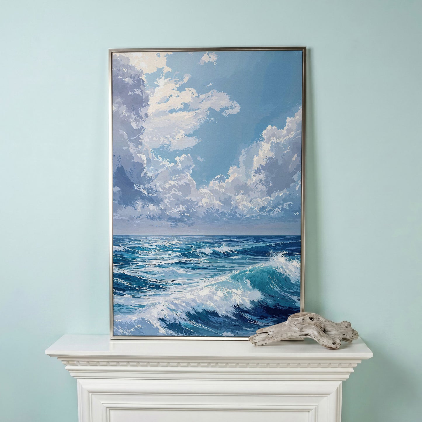 Ocean Waves Seascape Canvas. Nautical Wall Art in silver floating frame