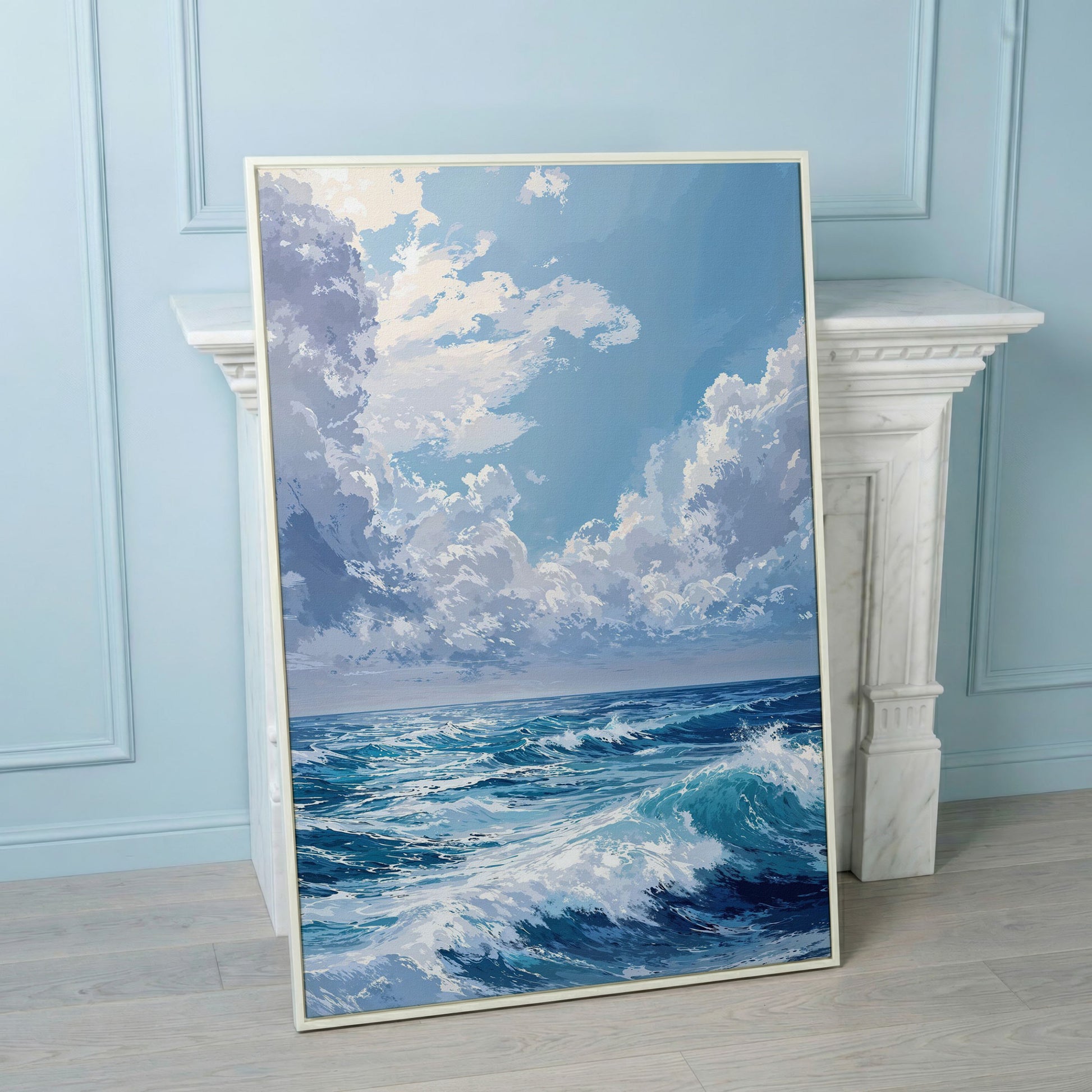 Ocean Waves Seascape Canvas. Nautical Wall Art in white floating frame