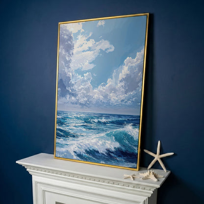 Ocean Waves Seascape Canvas. Nautical Wall Art in yellow gold floating frame