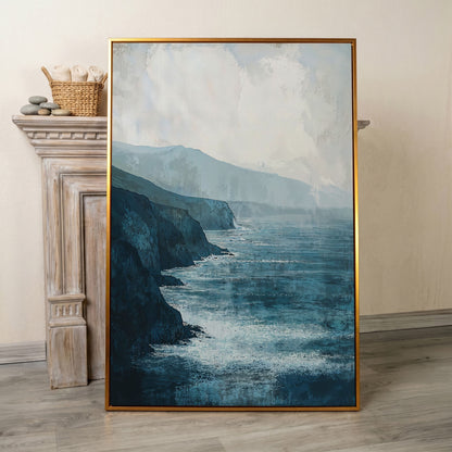 Stormy Coastal Cliffs Seascape Canvas Wall Art in antique gold floating frame