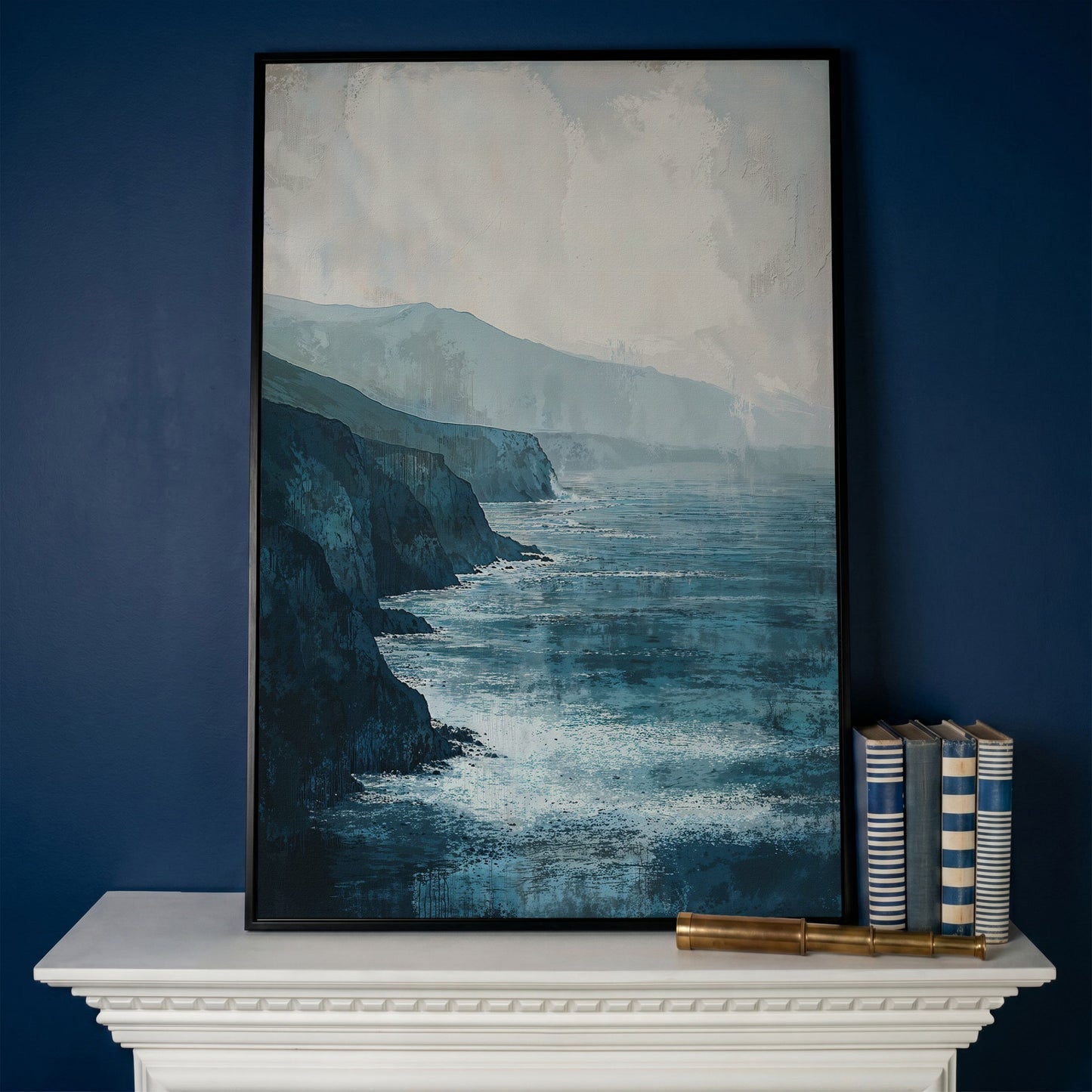 Stormy Coastal Cliffs Seascape Canvas Wall Art in black floating frame