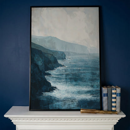 Stormy Coastal Cliffs Seascape Canvas Wall Art in black floating frame