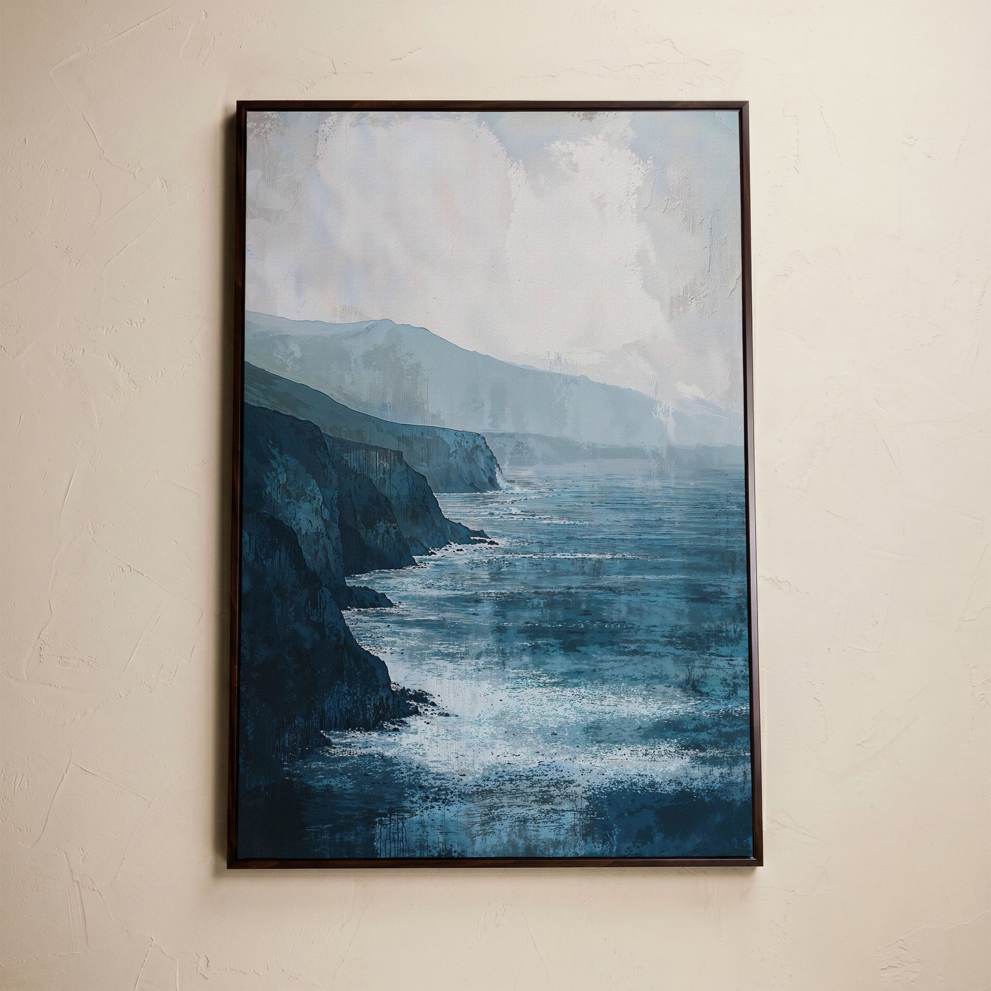 Stormy Coastal Cliffs Seascape Canvas Wall Art in dark walnut floating frame