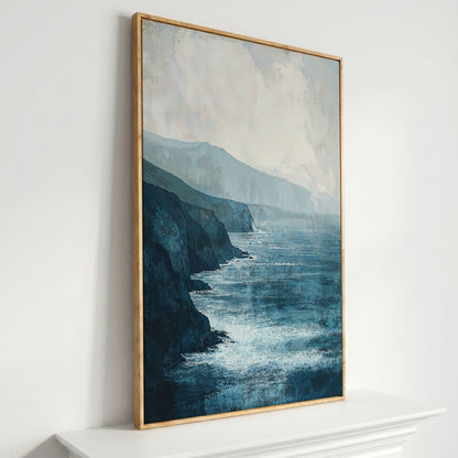 Stormy Coastal Cliffs Seascape Canvas Wall Art in white oak floating frame