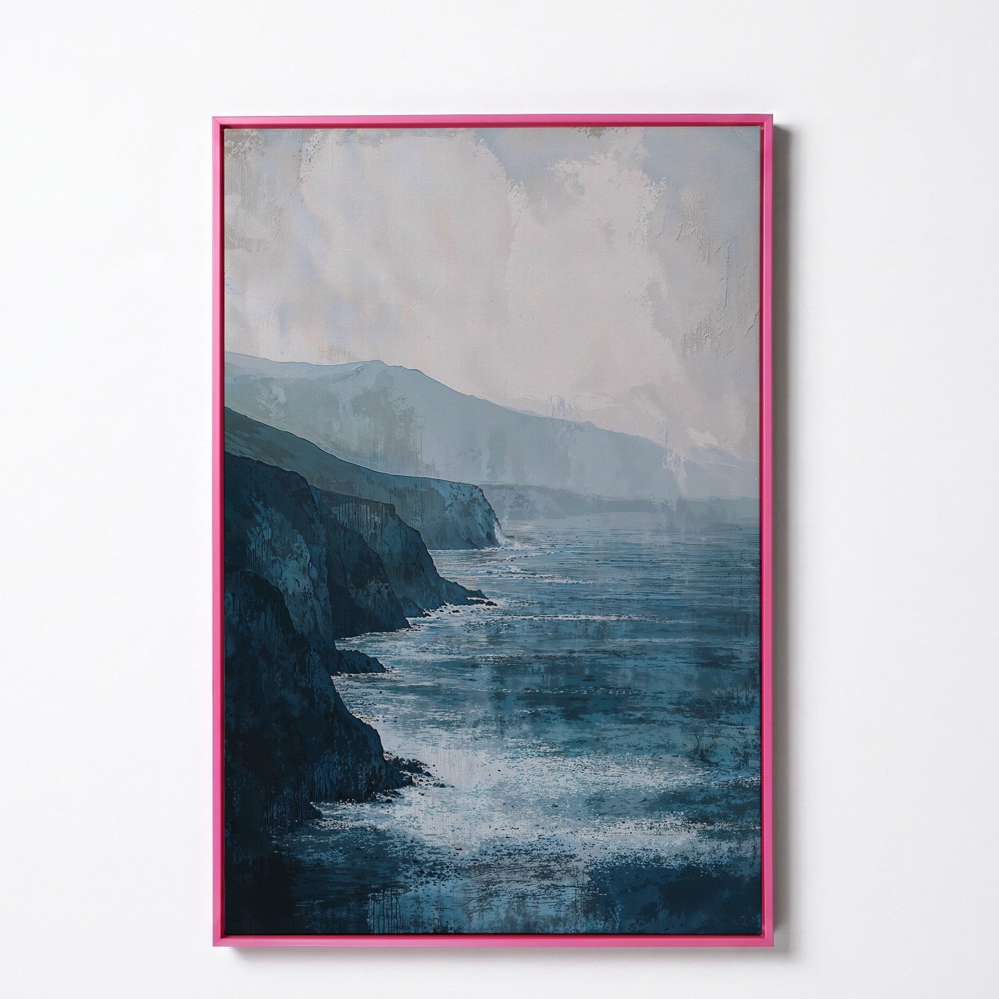 Stormy Coastal Cliffs Seascape Canvas Wall Art in pink floating frame