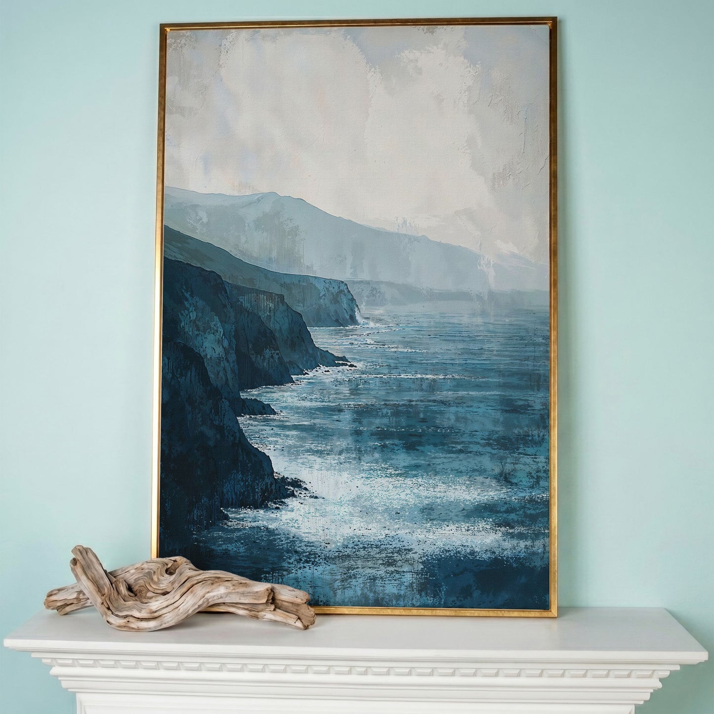 Stormy Coastal Cliffs Seascape Canvas Wall Art in rose gold floating frame
