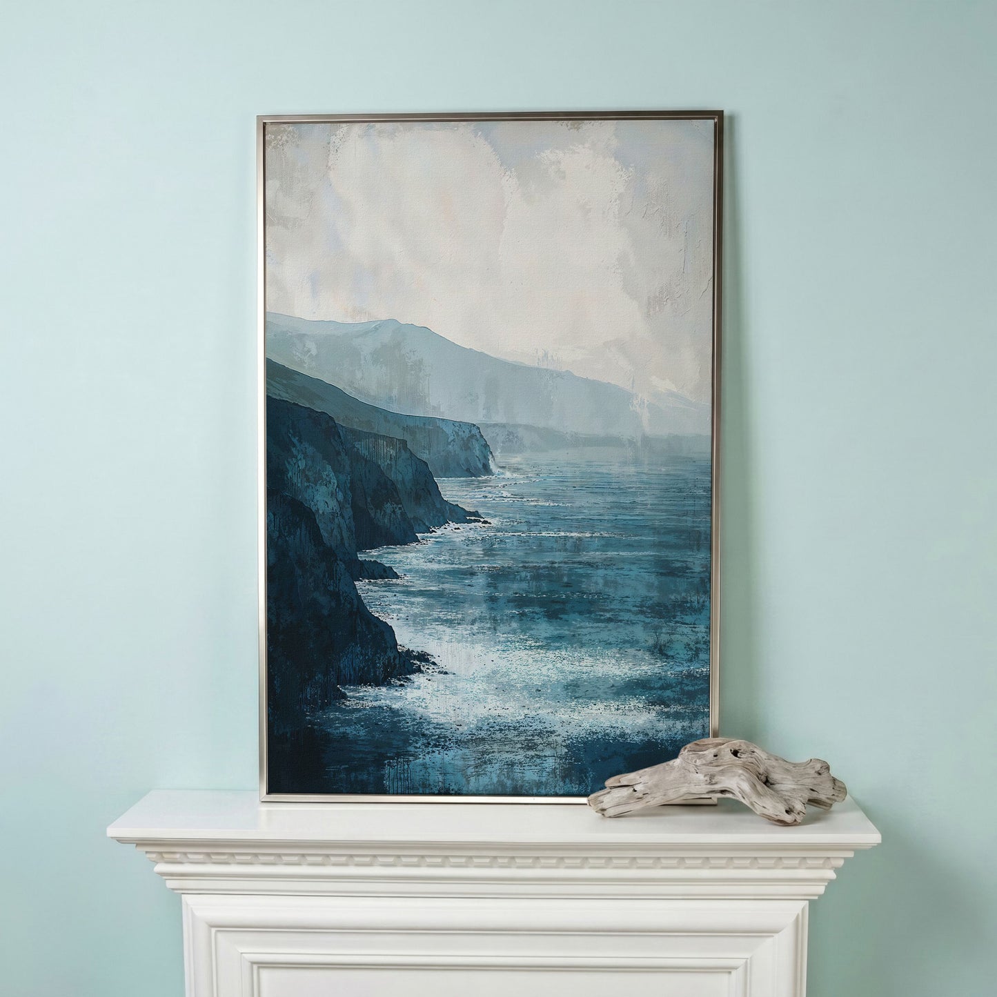 Stormy Coastal Cliffs Seascape Canvas Wall Art in silver floating frame