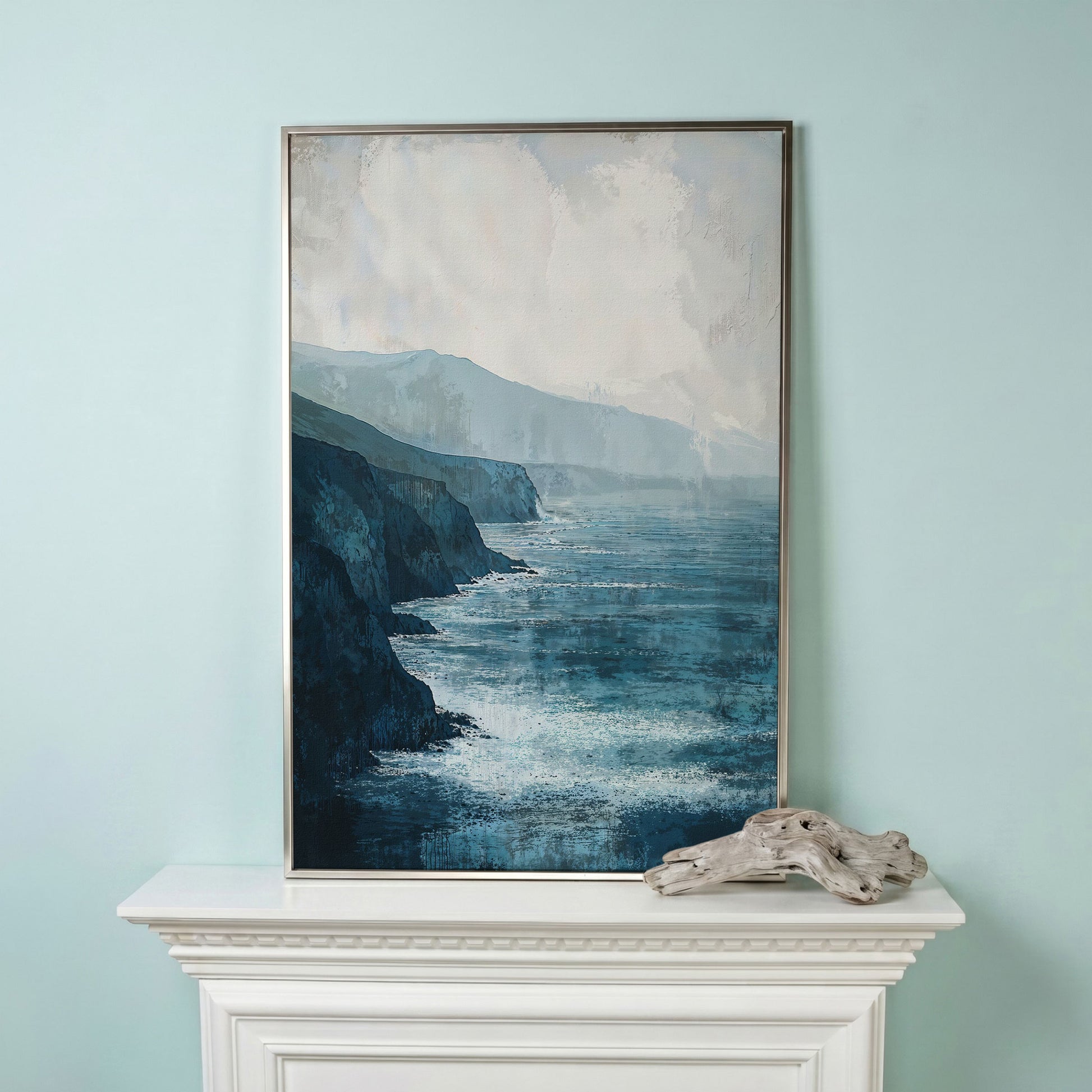 Stormy Coastal Cliffs Seascape Canvas Wall Art in silver floating frame