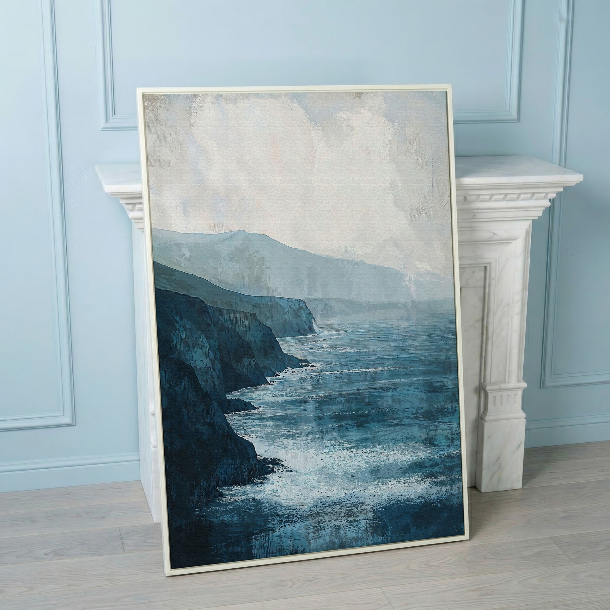 Stormy Coastal Cliffs Seascape Canvas Wall Art in white floating frame