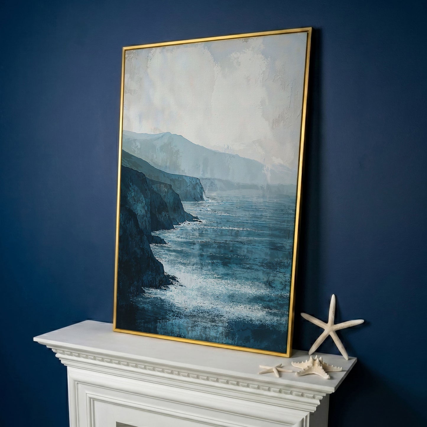 Stormy Coastal Cliffs Seascape Canvas Wall Art in yellow gold floating frame