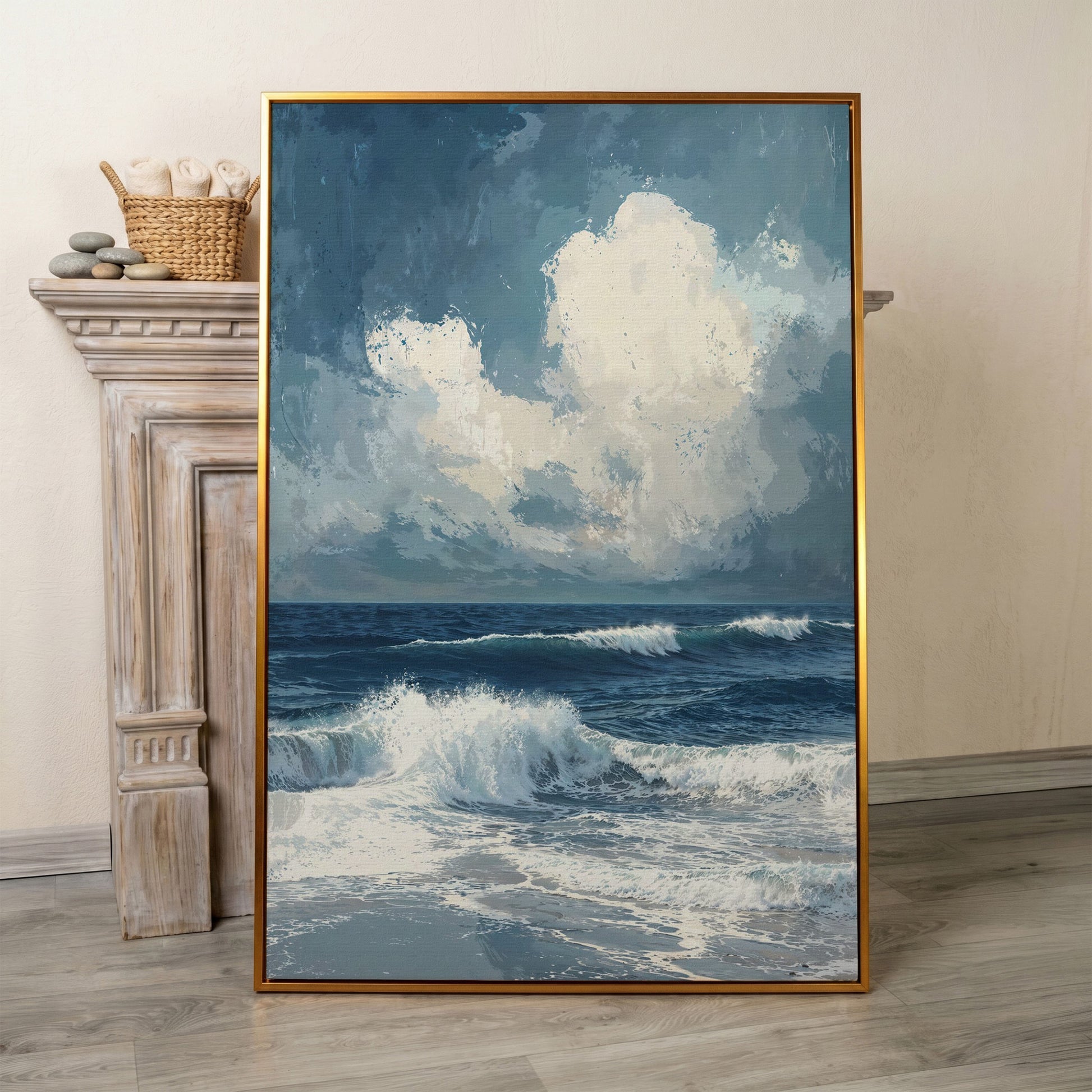 Ocean Waves and Clouds Seascape Canvas in antique gold floating frame