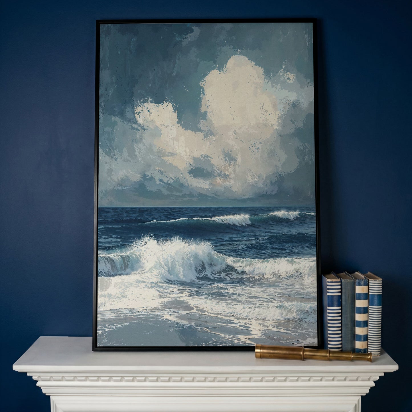 Ocean Waves and Clouds Seascape Canvas in black floating frame