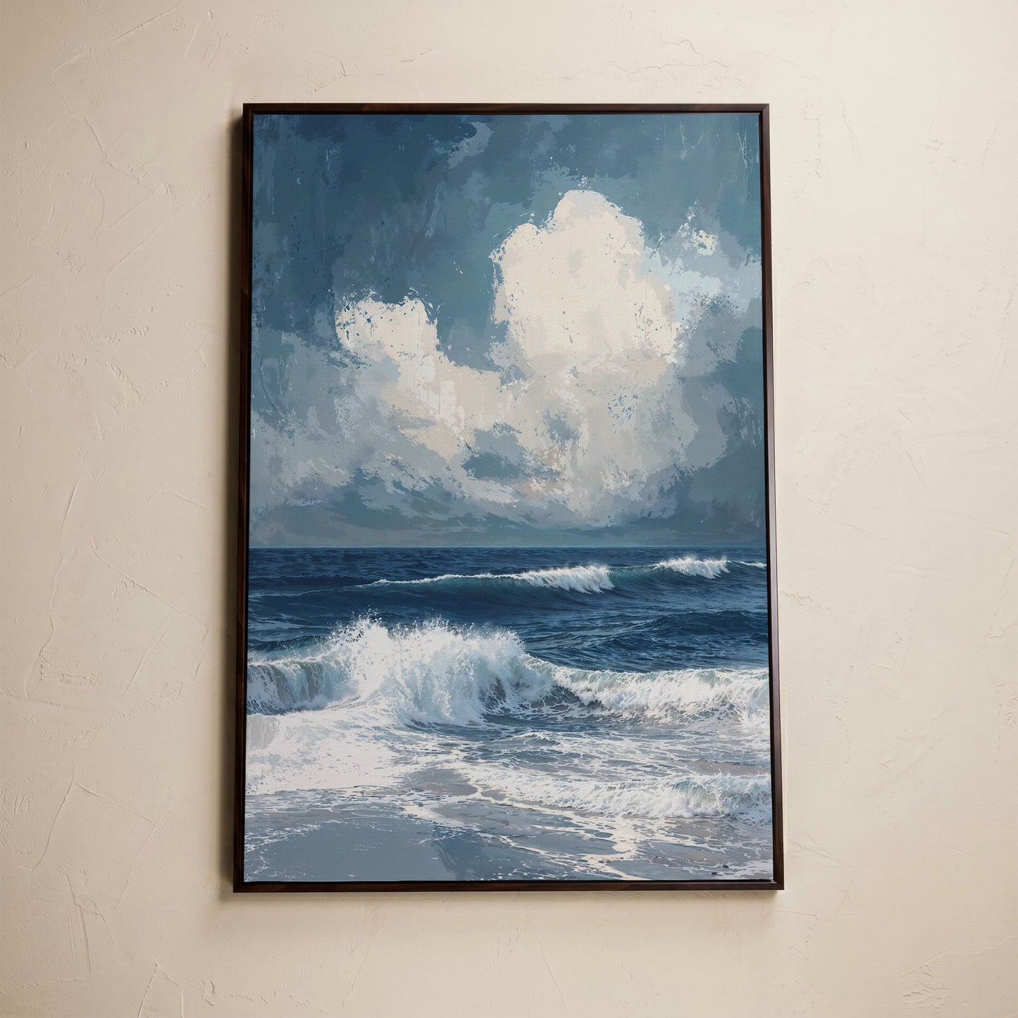 Ocean Waves and Clouds Seascape Canvas in dark walnut floating frame