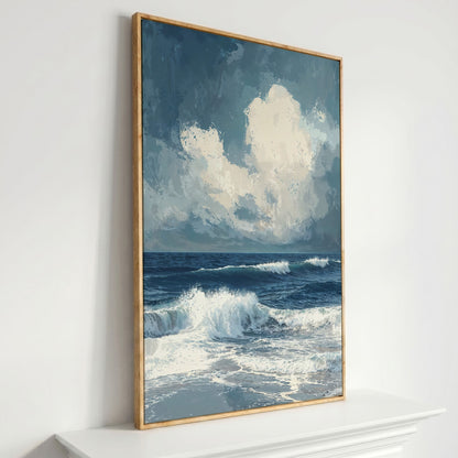 Ocean Waves and Clouds Seascape Canvas in white oak floating frame