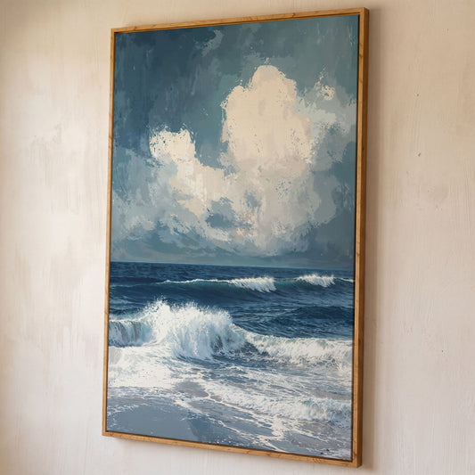 Ocean Waves and Clouds Seascape Canvas shown in white oak floating frame