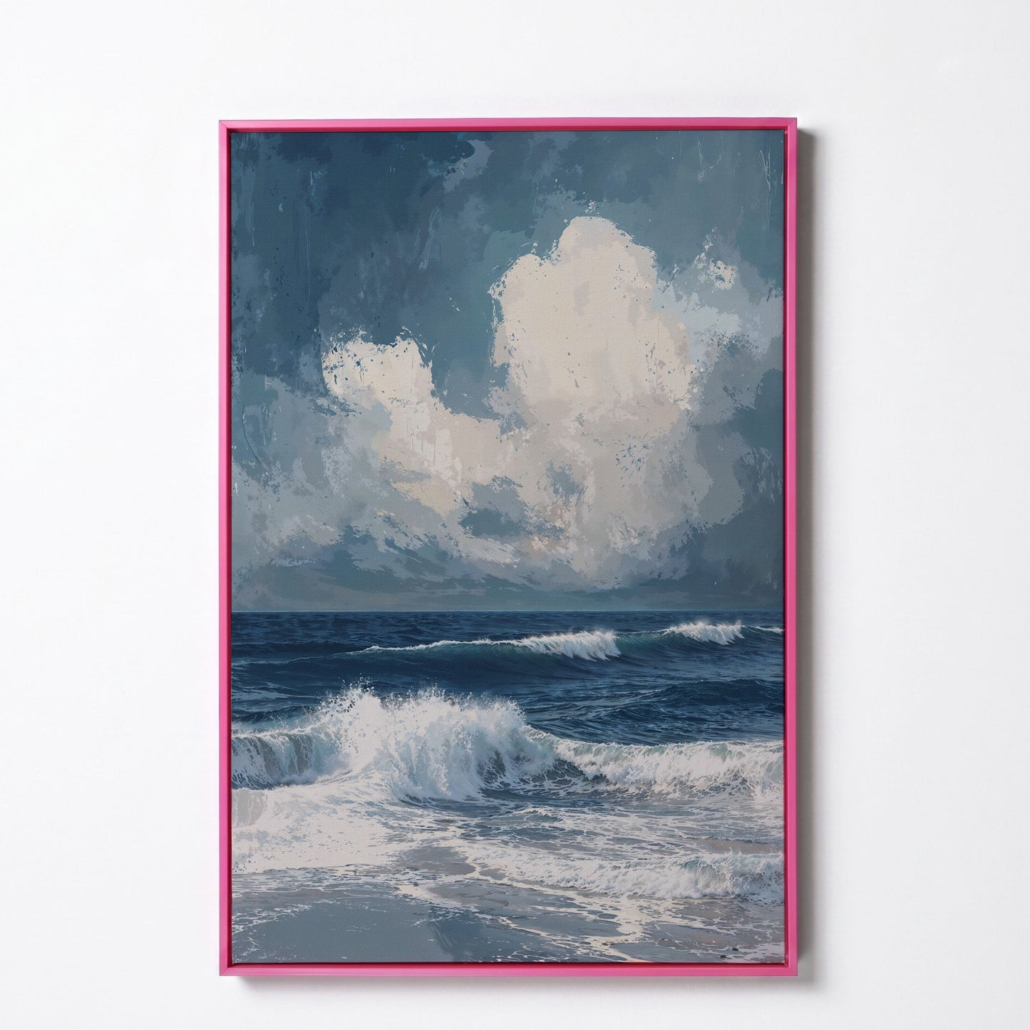 Ocean Waves and Clouds Seascape Canvas in pink floating frame