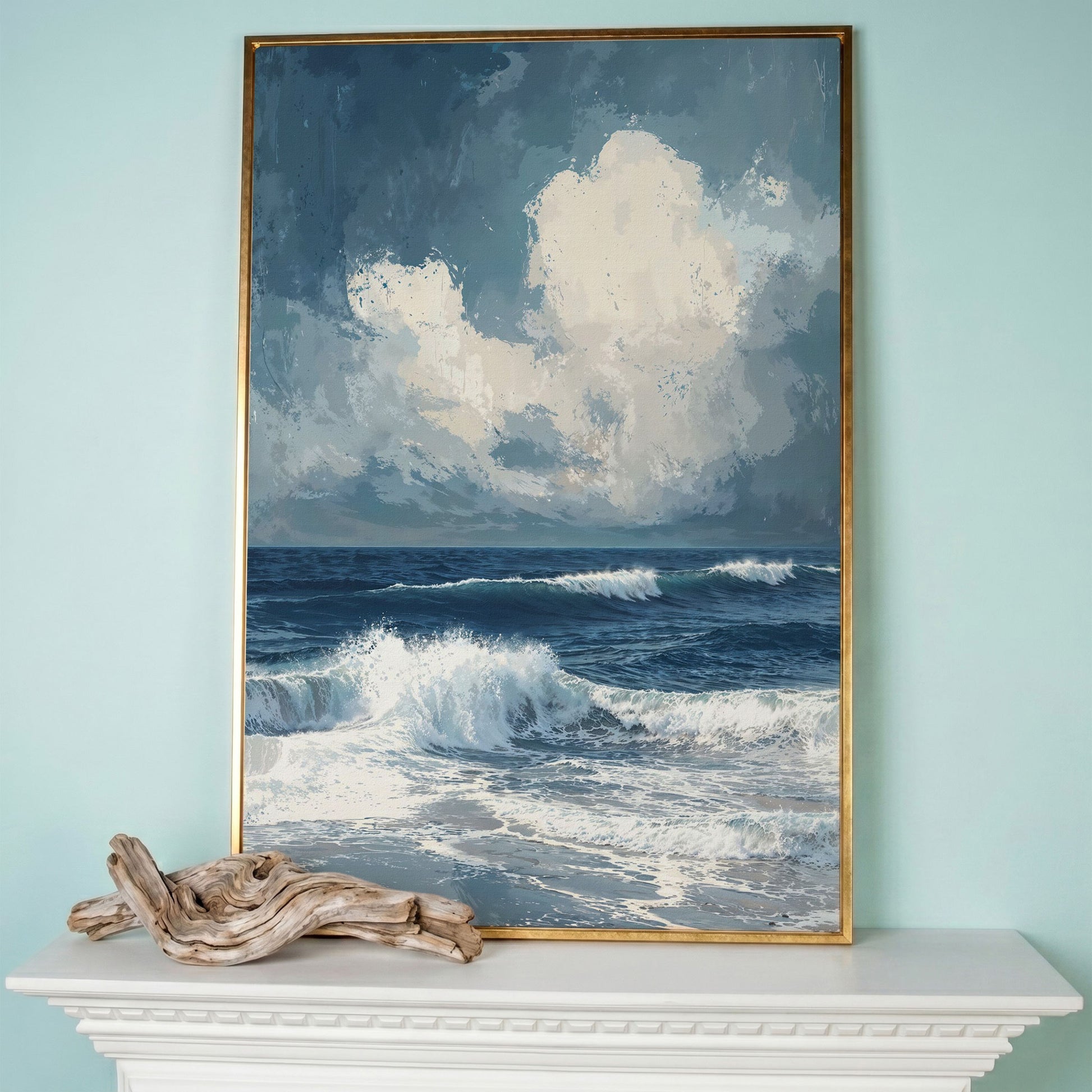 Ocean Waves and Clouds Seascape Canvas in rose gold floating frame