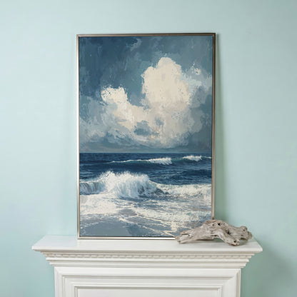 Ocean Waves and Clouds Seascape Canvas in silver floating frame