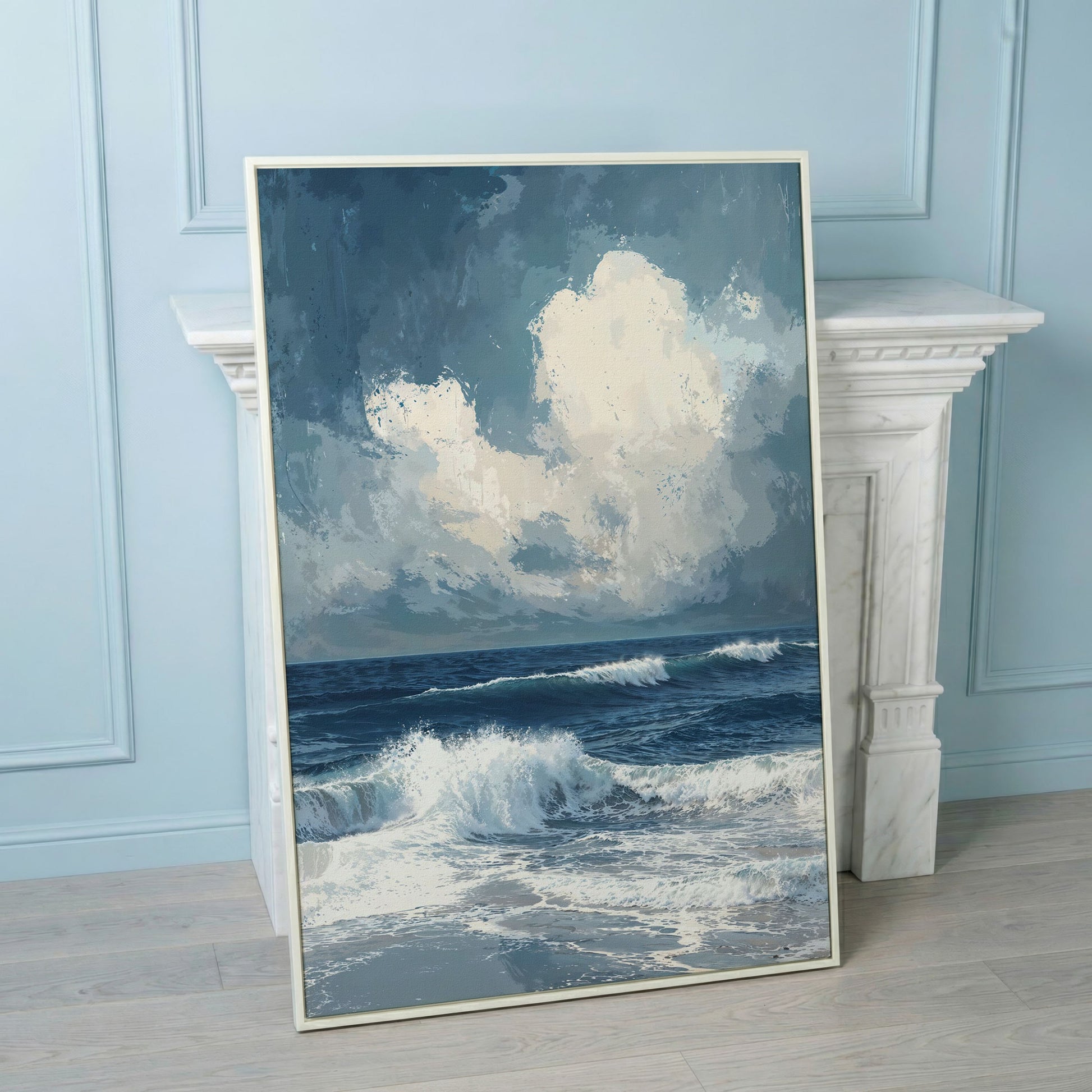 Ocean Waves and Clouds Seascape Canvas in white floating frame
