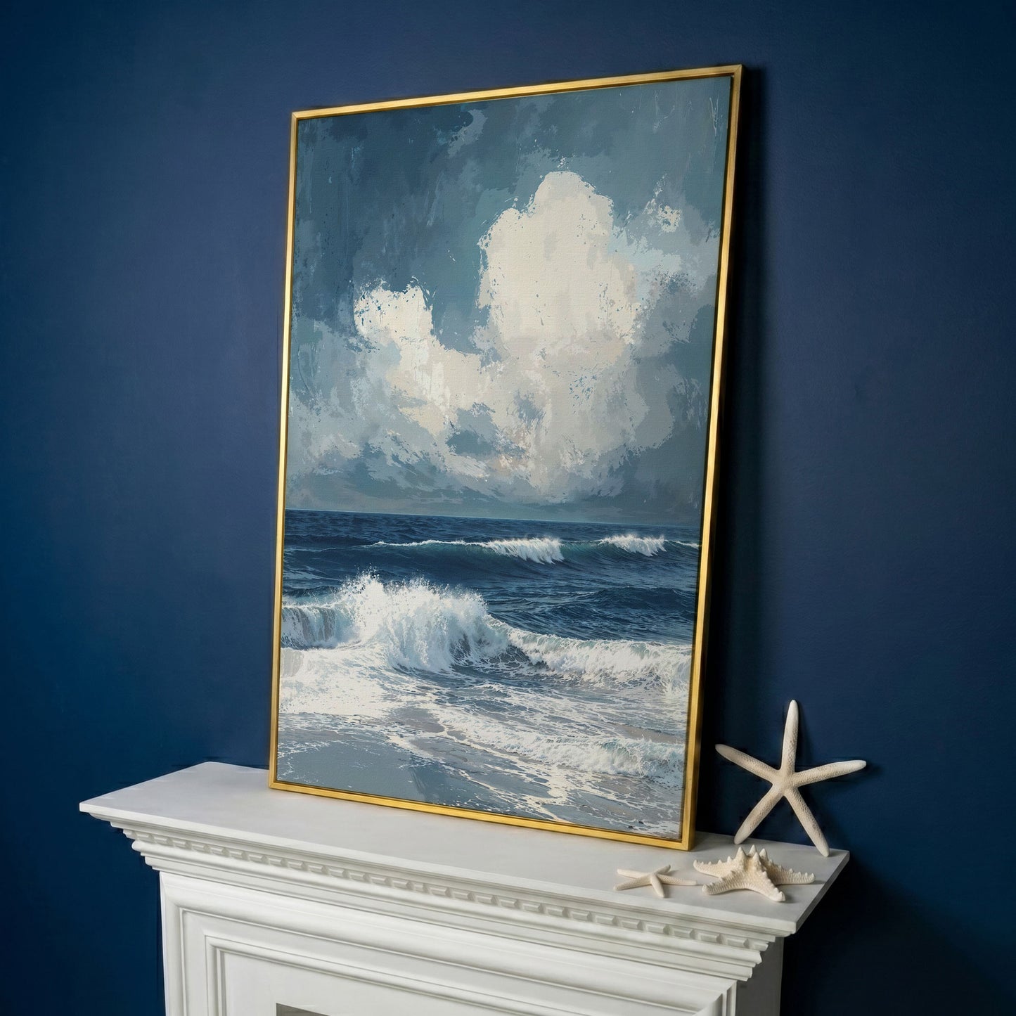 Ocean Waves and Clouds Seascape Canvas in yellow gold floating frame