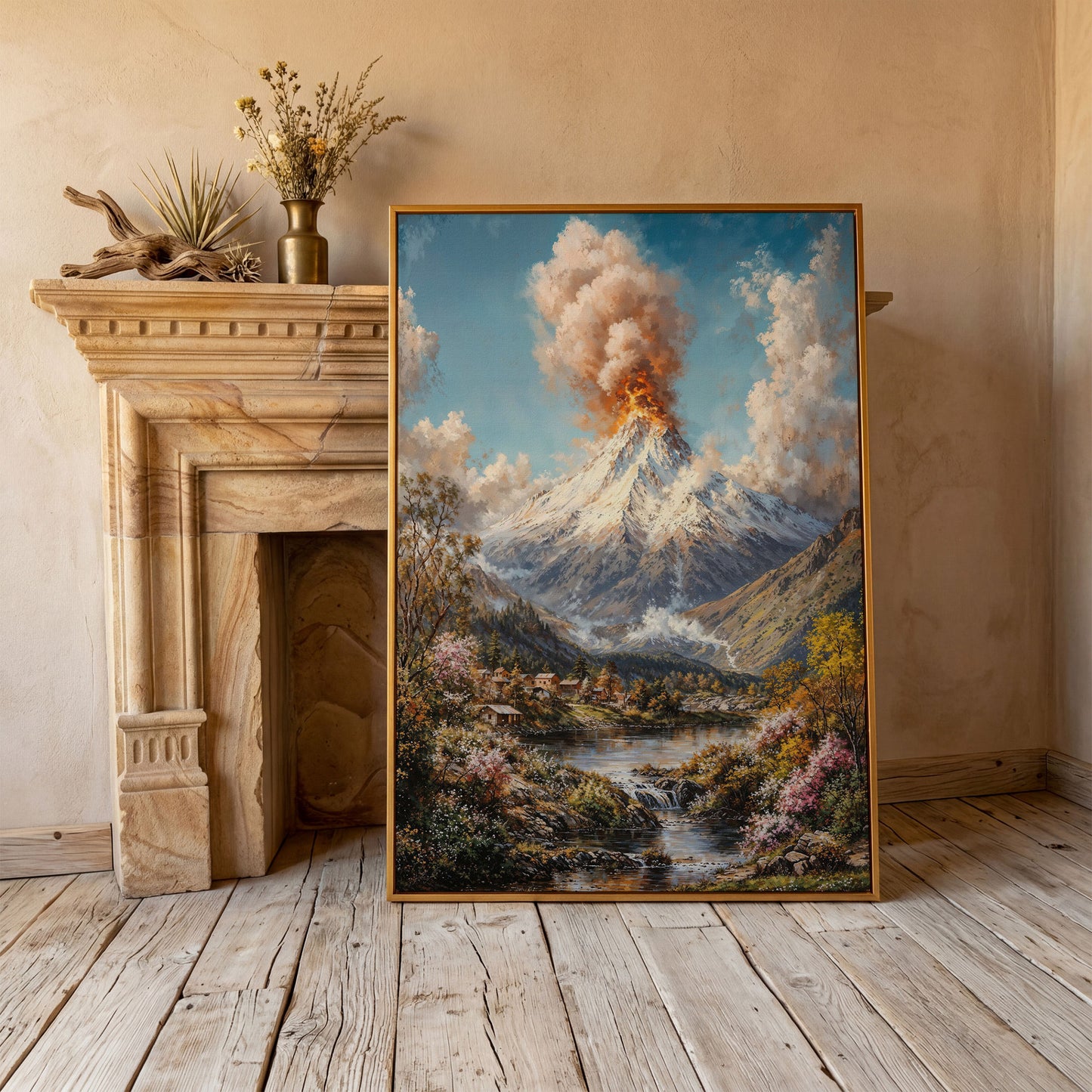 Erupting Volcano Over a Winter Lake, Canvas Wall Art in antique gold floating frame