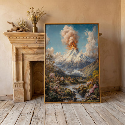 Erupting Volcano Over a Winter Lake, Canvas Wall Art in antique gold floating frame