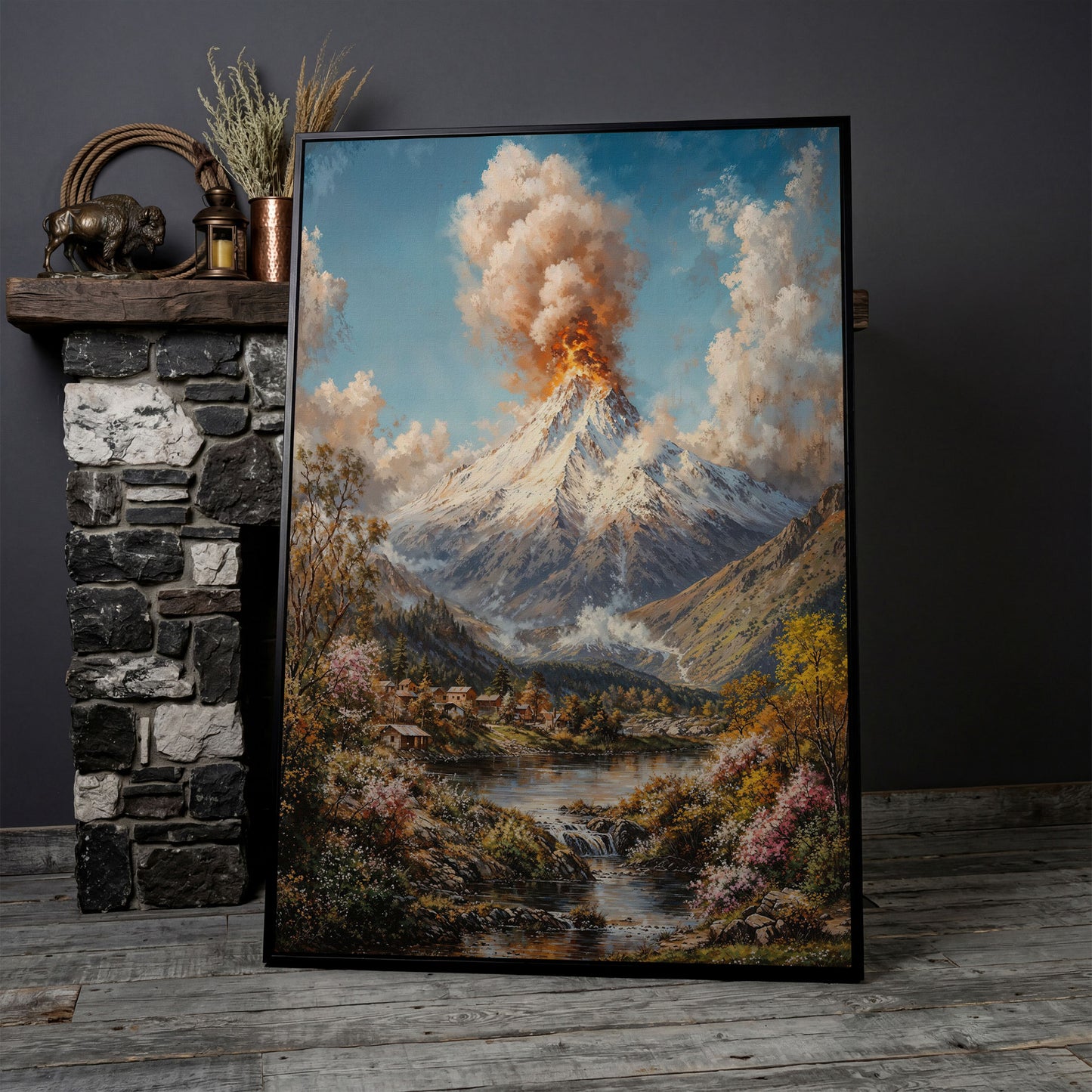 Erupting Volcano Over a Winter Lake, Canvas Wall Art in black floating frame