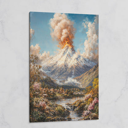 Erupting Volcano Over a Winter Lake, Canvas Wall Art on gallery wrap
