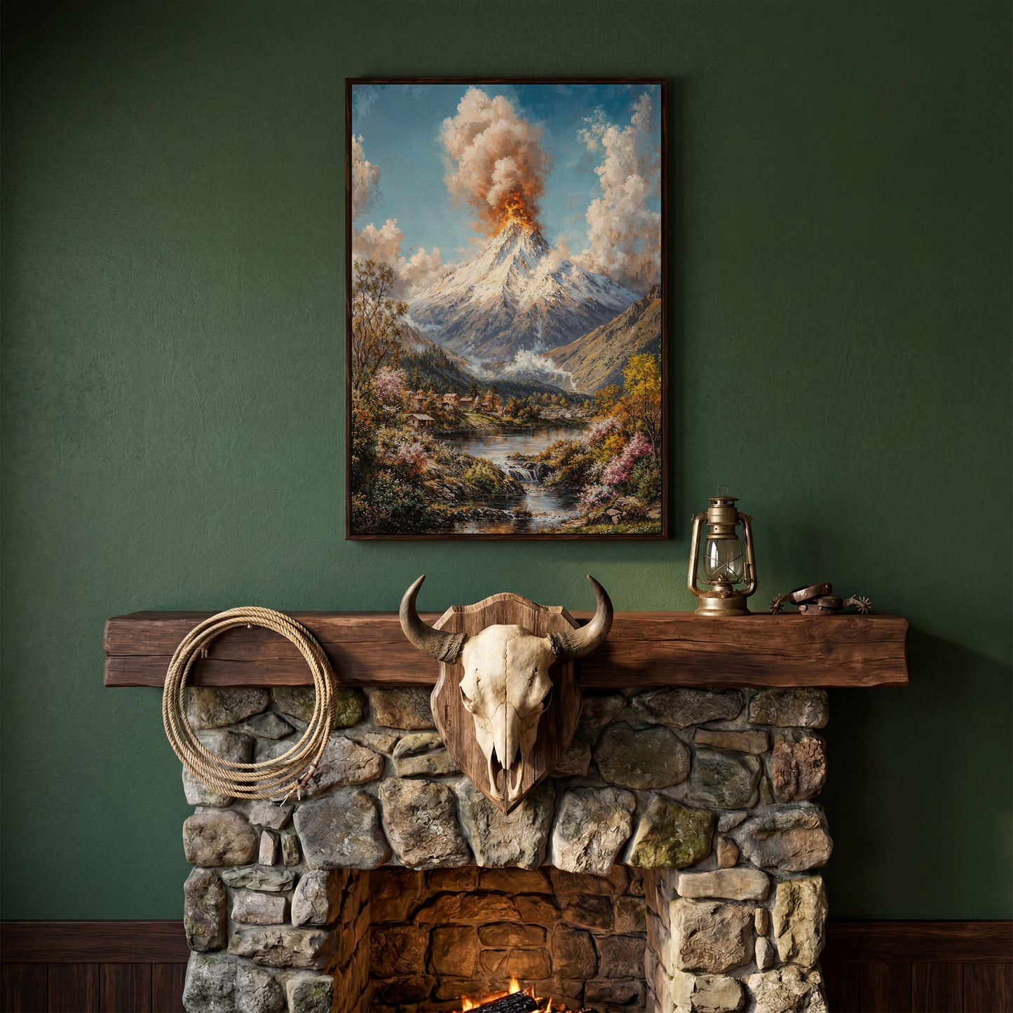 Erupting Volcano Over a Winter Lake, Canvas Wall Art in dark walnut floating frame