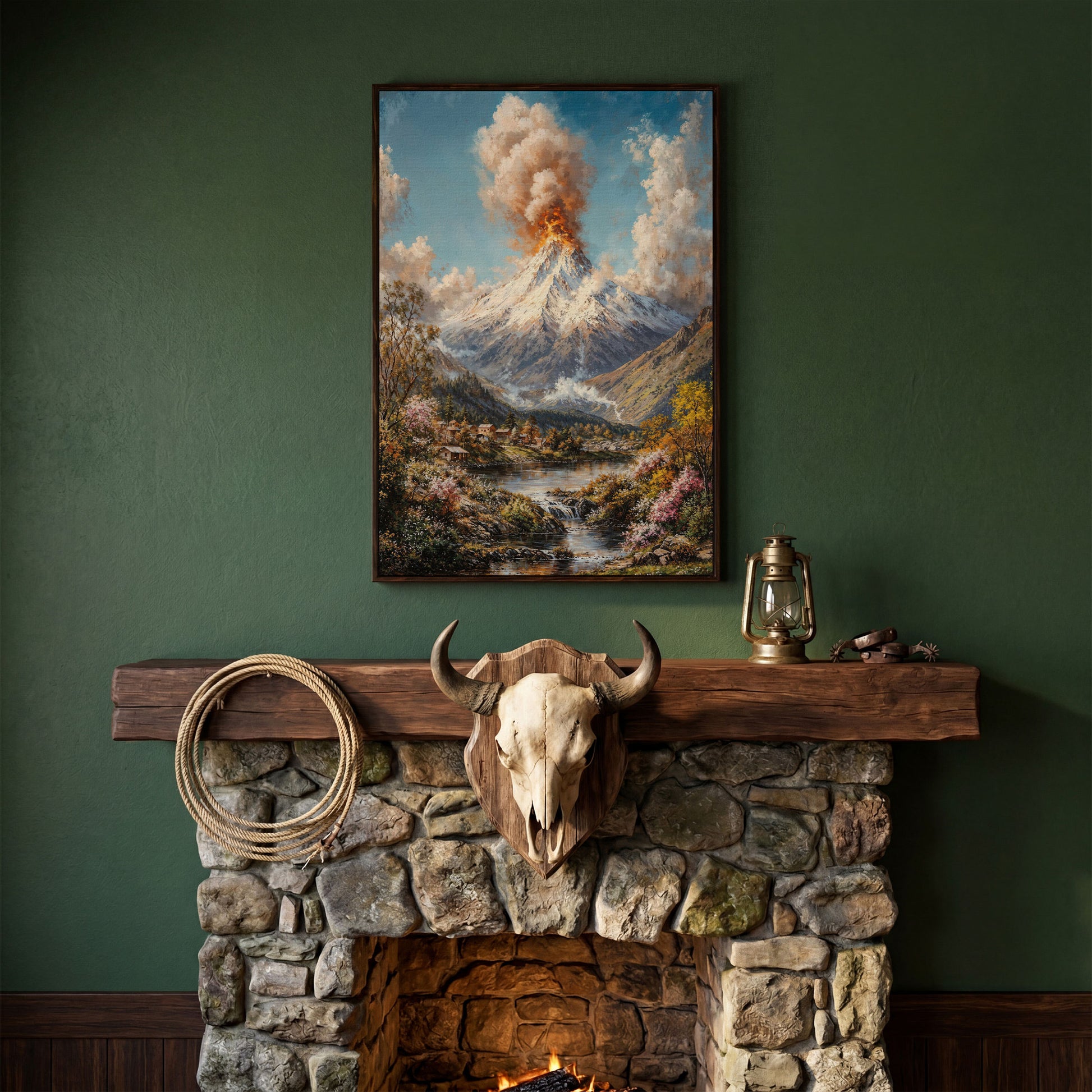 Erupting Volcano Over a Winter Lake, Canvas Wall Art in dark walnut floating frame