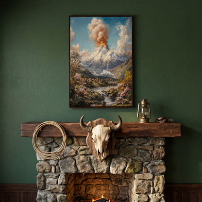 Erupting Volcano Over a Winter Lake, Canvas Wall Art in dark walnut floating frame