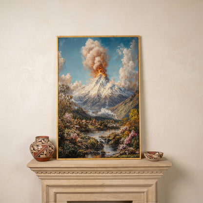 Erupting Volcano Over a Winter Lake, Canvas Wall Art in white oak floating frame