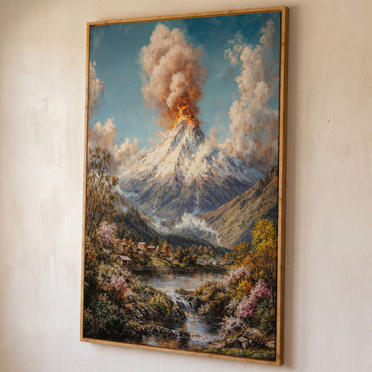 Erupting Volcano Over a Winter Lake, Canvas Wall Art shown in white oak floating frame