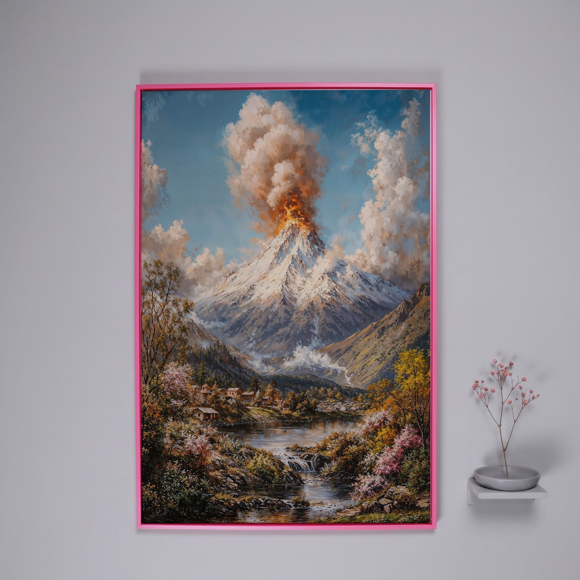 Erupting Volcano Over a Winter Lake, Canvas Wall Art in pink floating frame